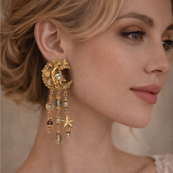 Anthropologie Jewelry - Vintage Antique Victorian Celestial Moon Dragon Earrings